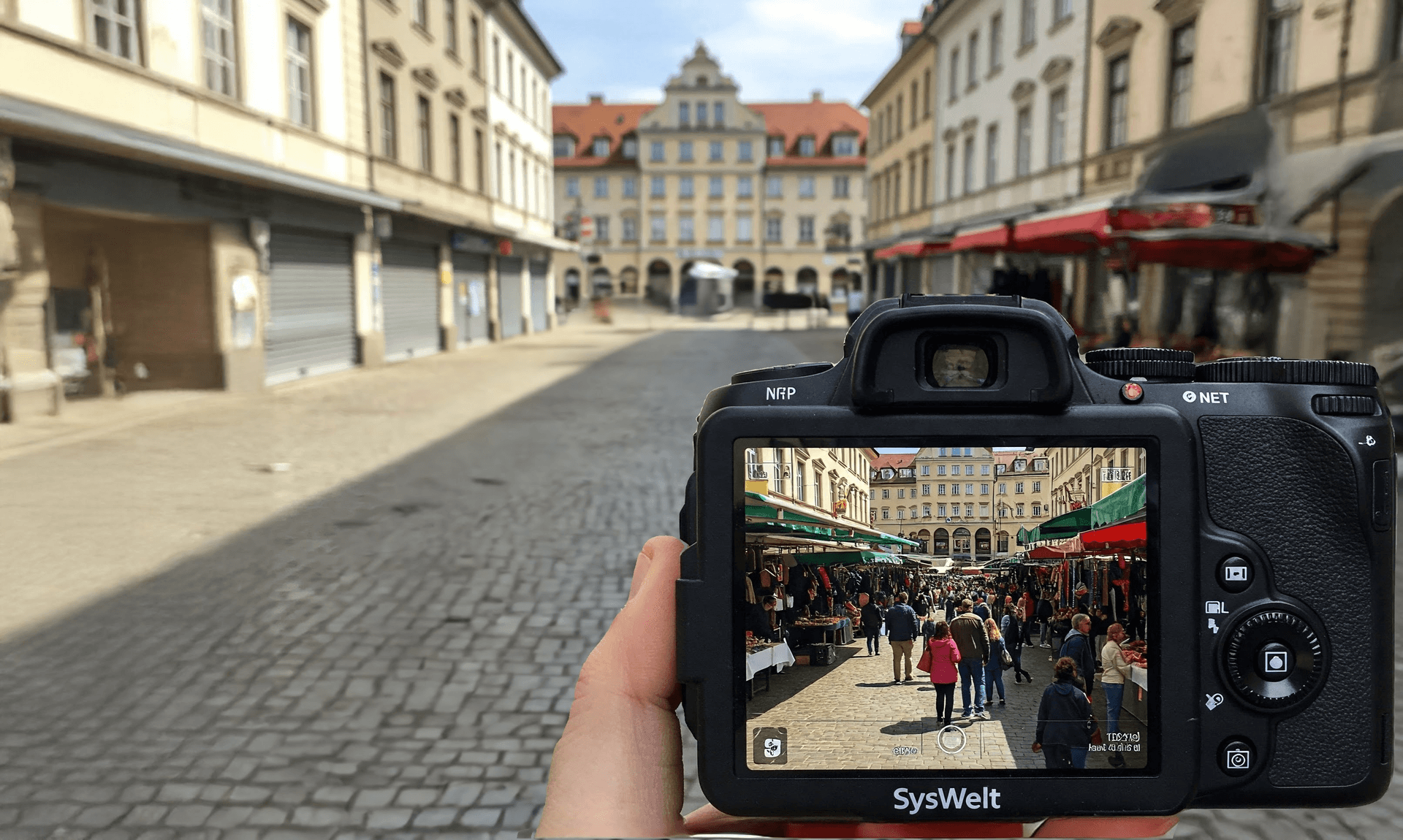 Durch die SysWelt Marketing-Perspektive wird ein leerer Marktplatz auf dem Kamera-Display lebendig und voller Menschen.